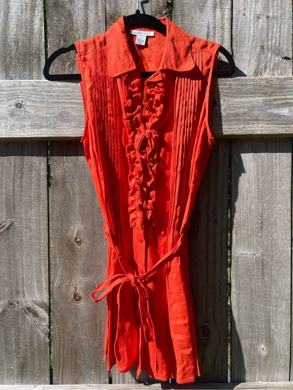 Luciano Dante Sleeveless Ruffle-Front Mini Dress with Tie Waist - Orange Sz M
